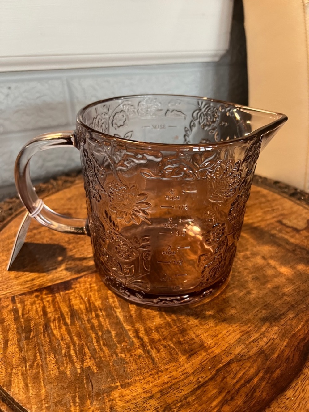 Vintage-Style Amber Glass Measuring Pitcher with Floral Embossing - Picture 2 of 16